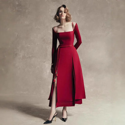 Luxury Cutout High-Neck Maxi Dress – Long Sleeve Red Elegance