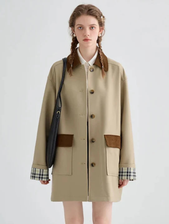British Style Mid-Length Contrast Color Trench Coat