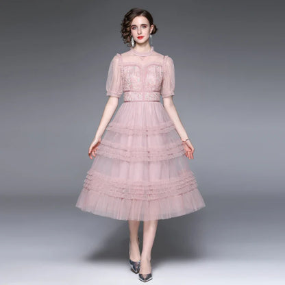 Lace Trim Ruffled Midi Dress – Vintage-Inspired Elegance