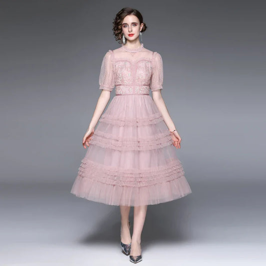 Lace Trim Ruffled Midi Dress – Vintage-Inspired Elegance