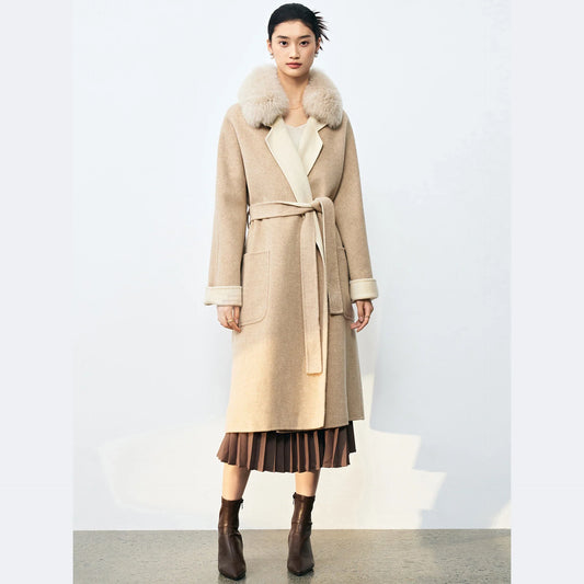 Winter Double-Sided Wool Coat – Long, Belted, with Removable Fox Fur Collar