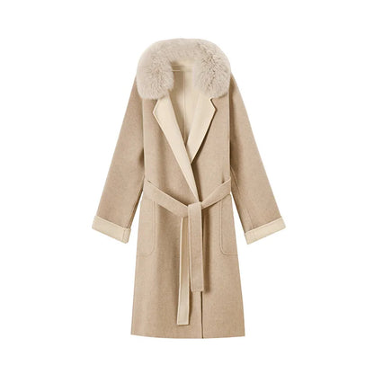 Winter Double-Sided Wool Coat – Long, Belted, with Removable Fox Fur Collar