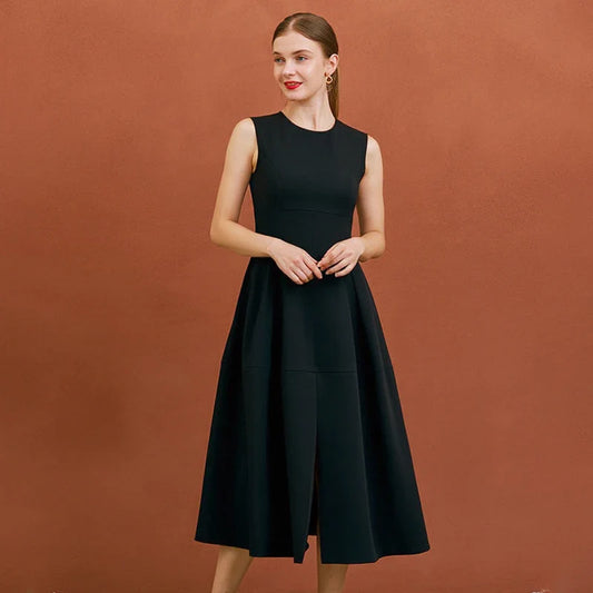 Classic Black Sleeveless A-Line Midi Dress with Slit
