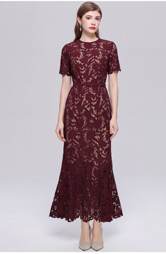 Bordeaux Lace Mermaid Midi Dress