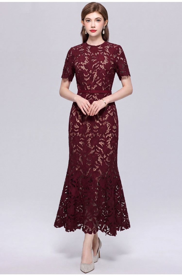 Bordeaux Lace Mermaid Midi Dress