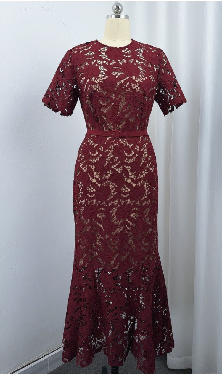 Bordeaux Lace Mermaid Midi Dress