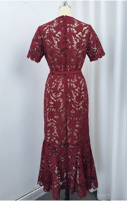 Bordeaux Lace Mermaid Midi Dress