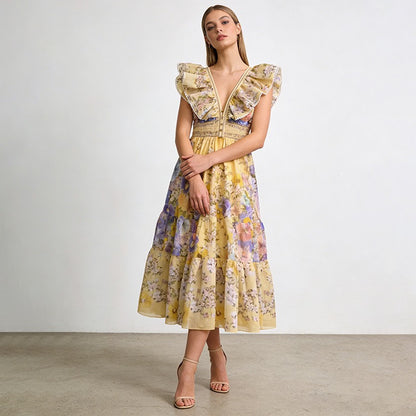 Fleur Ruffle Sleeve Floral Midi Dress