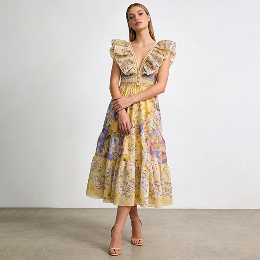 Fleur Ruffle Sleeve Floral Midi Dress