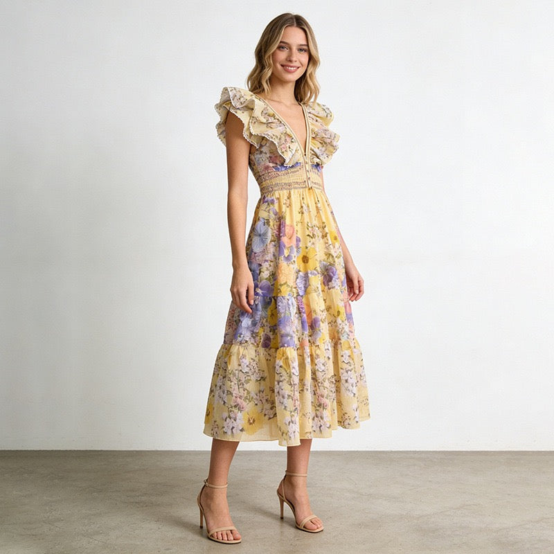 Fleur Ruffle Sleeve Floral Midi Dress