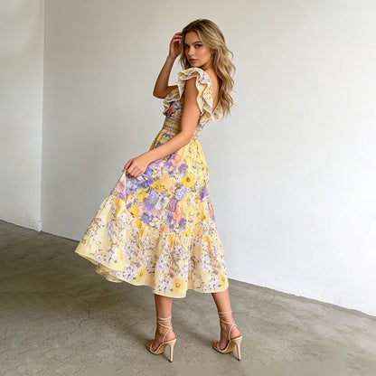 Fleur Ruffle Sleeve Floral Midi Dress