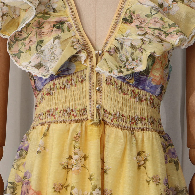 Fleur Ruffle Sleeve Floral Midi Dress