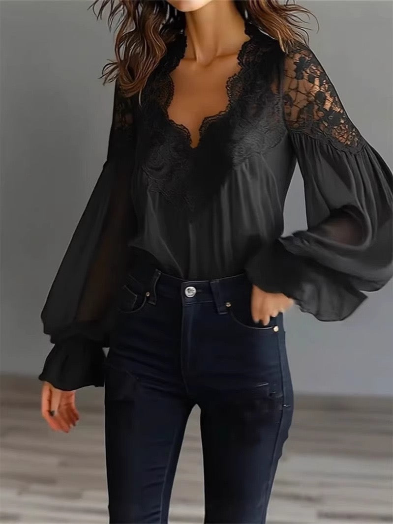 Elara V-Neck Puff Sleeve Lace Blouse