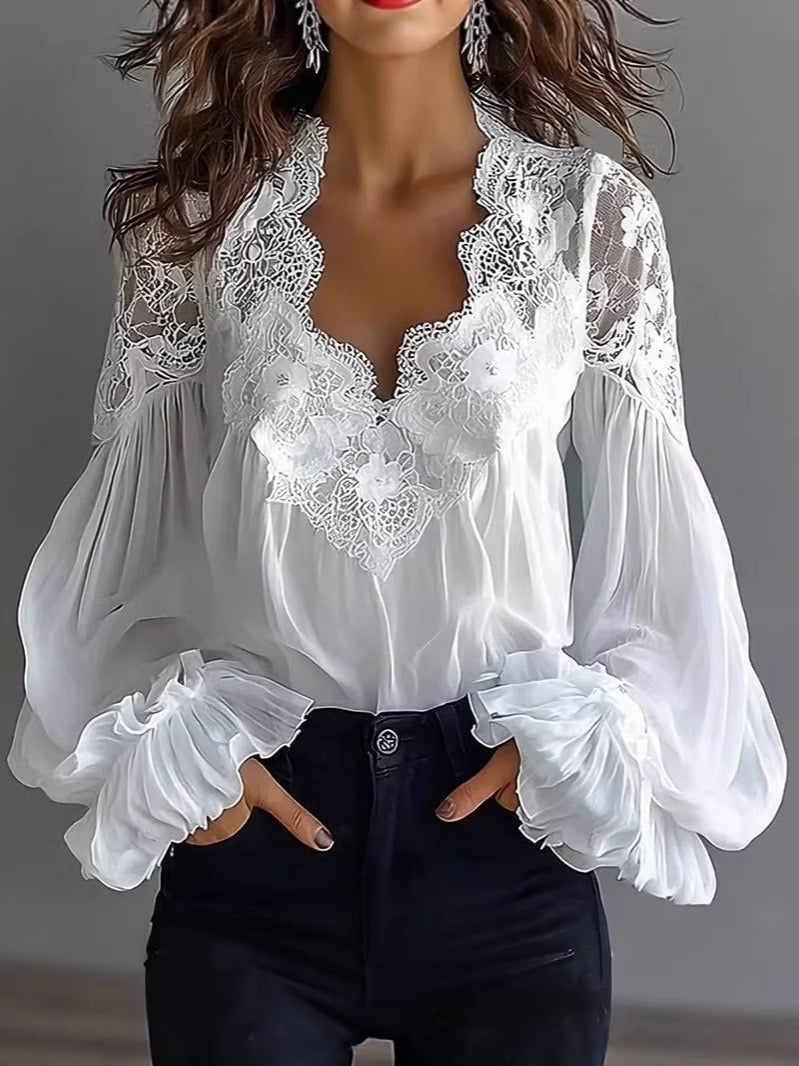 Elara V-Neck Puff Sleeve Lace Blouse
