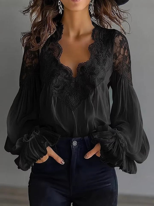 Elara V-Neck Puff Sleeve Lace Blouse