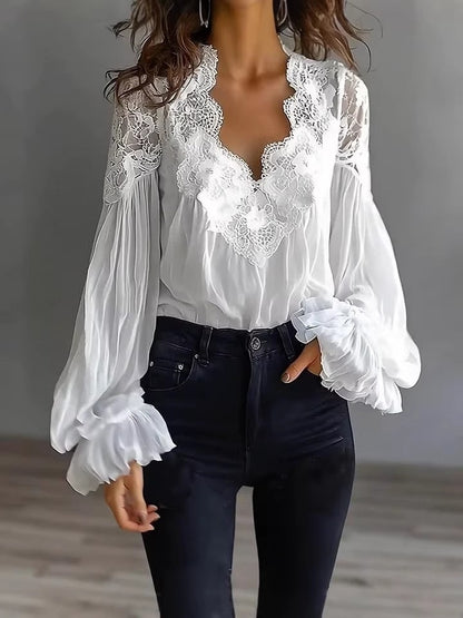 Elara V-Neck Puff Sleeve Lace Blouse