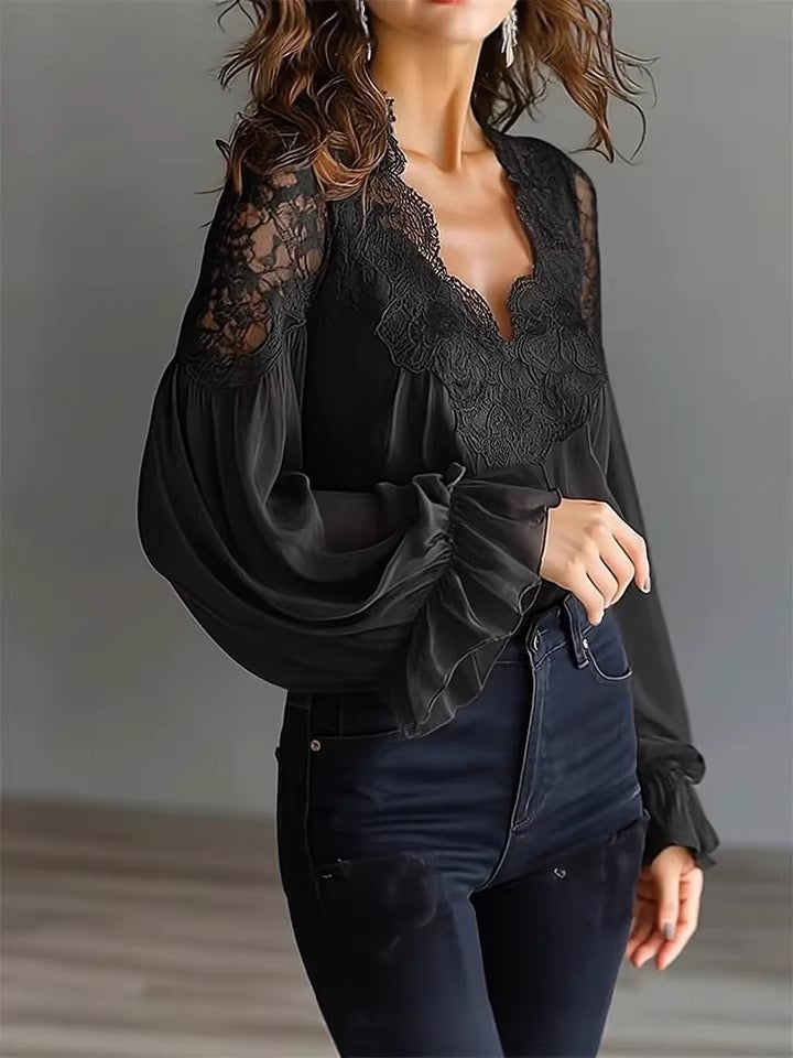Elara V-Neck Puff Sleeve Lace Blouse