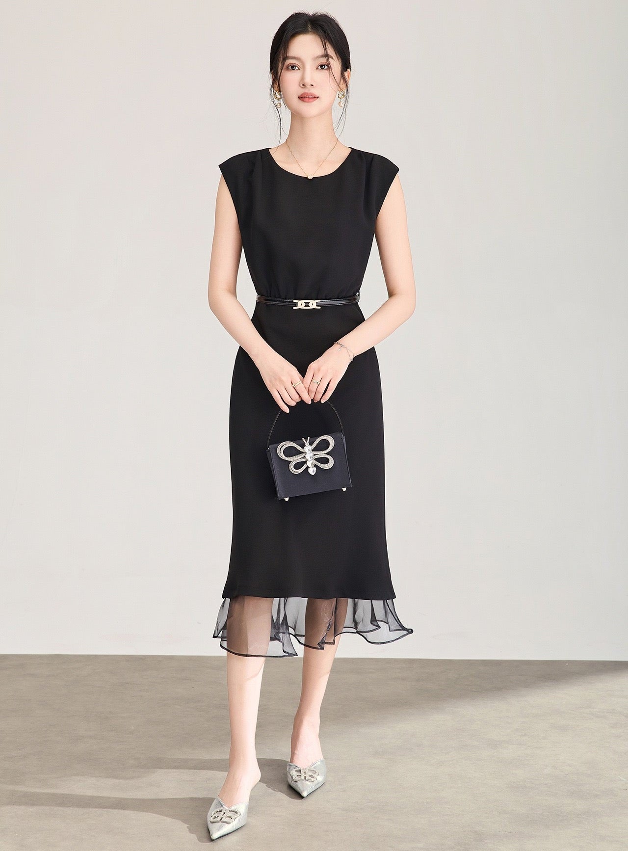 Veloura Mesh Panel Mermaid Midi Dress