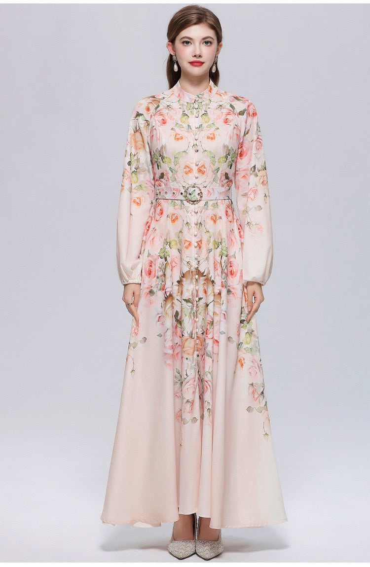 Elara Vintage Print Belted Maxi Dress