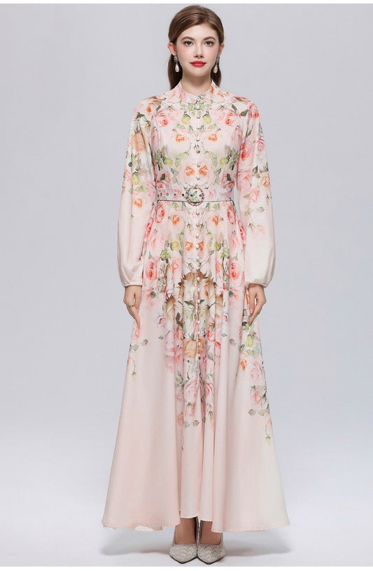 Elara Vintage Print Belted Maxi Dress