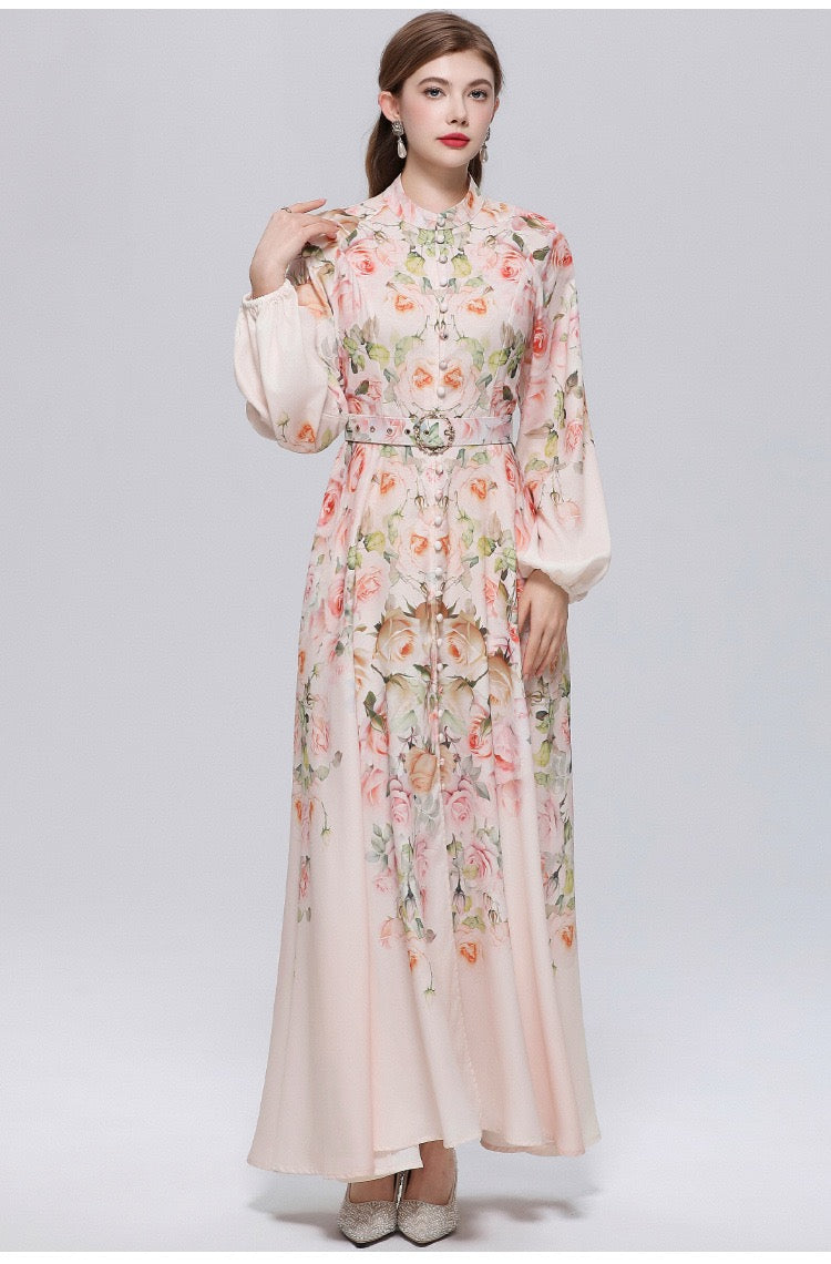 Elara Vintage Print Belted Maxi Dress