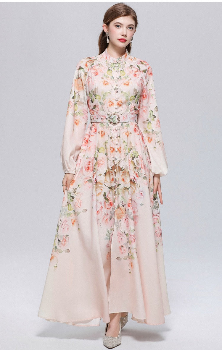 Elara Vintage Print Belted Maxi Dress
