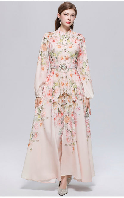 Elara Vintage Print Belted Maxi Dress