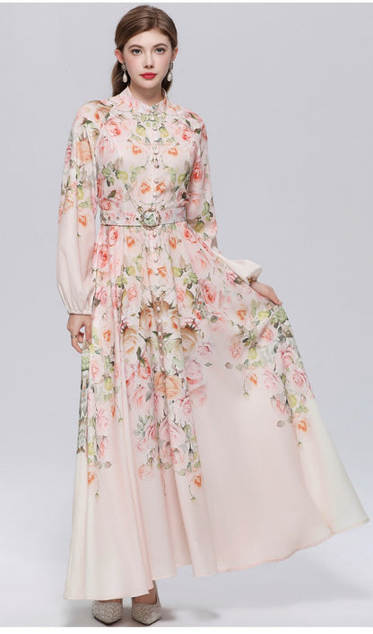 Elara Vintage Print Belted Maxi Dress