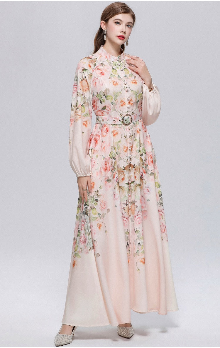 Elara Vintage Print Belted Maxi Dress