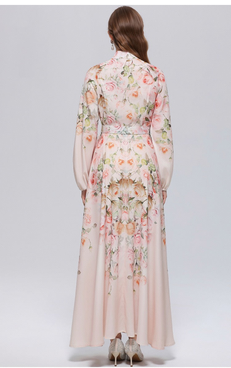 Elara Vintage Print Belted Maxi Dress