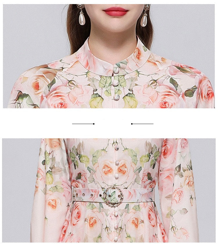 Elara Vintage Print Belted Maxi Dress