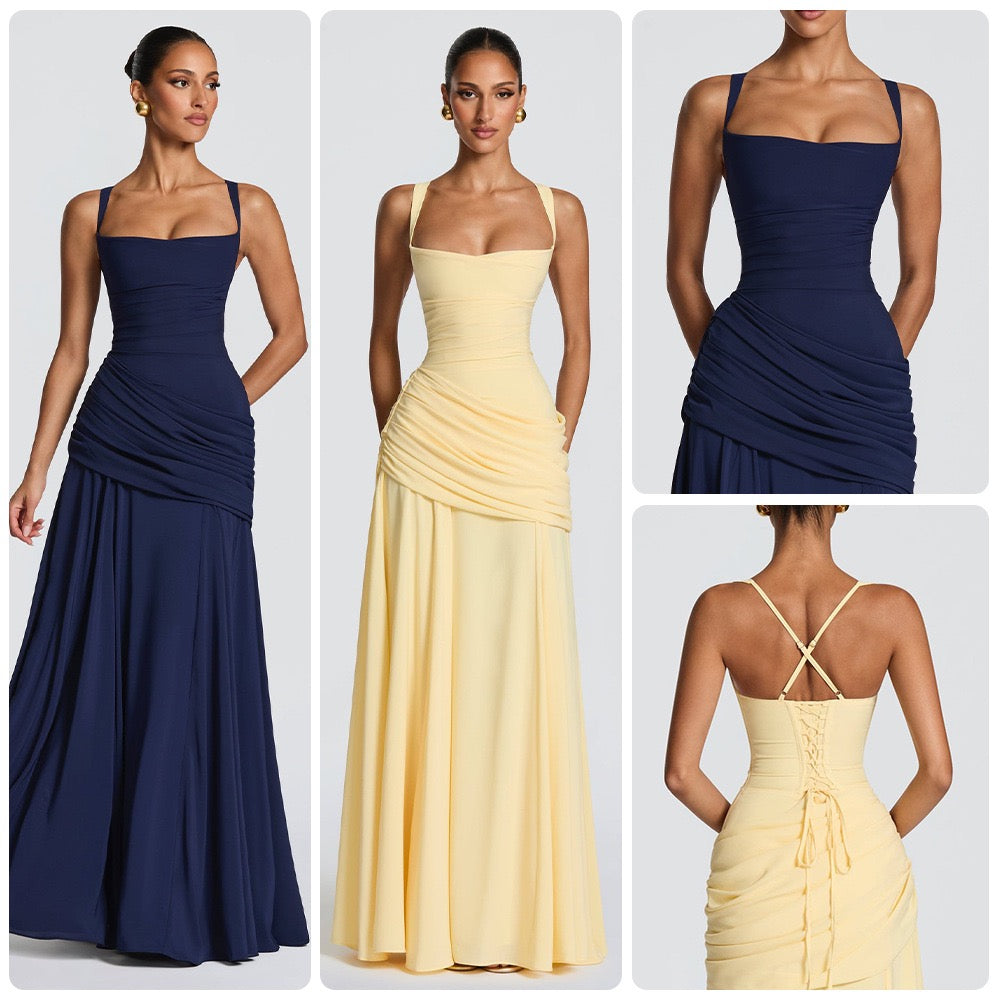 Elegant Square Neck Pleated Maxi Dress