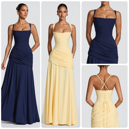 Elegant Square Neck Pleated Maxi Dress