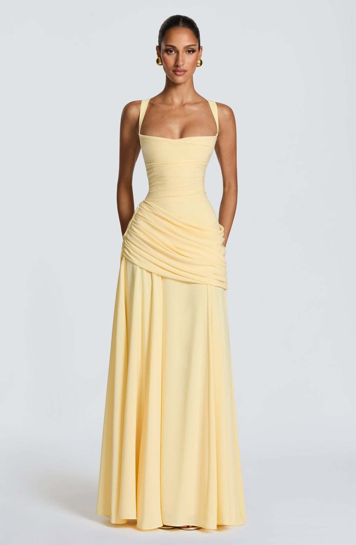 Elegant Square Neck Pleated Maxi Dress