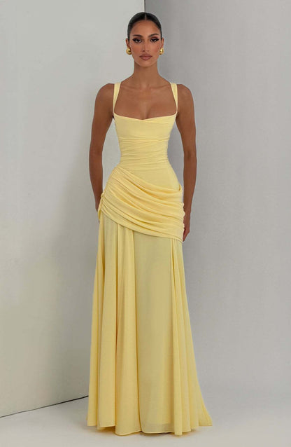 Elegant Square Neck Pleated Maxi Dress