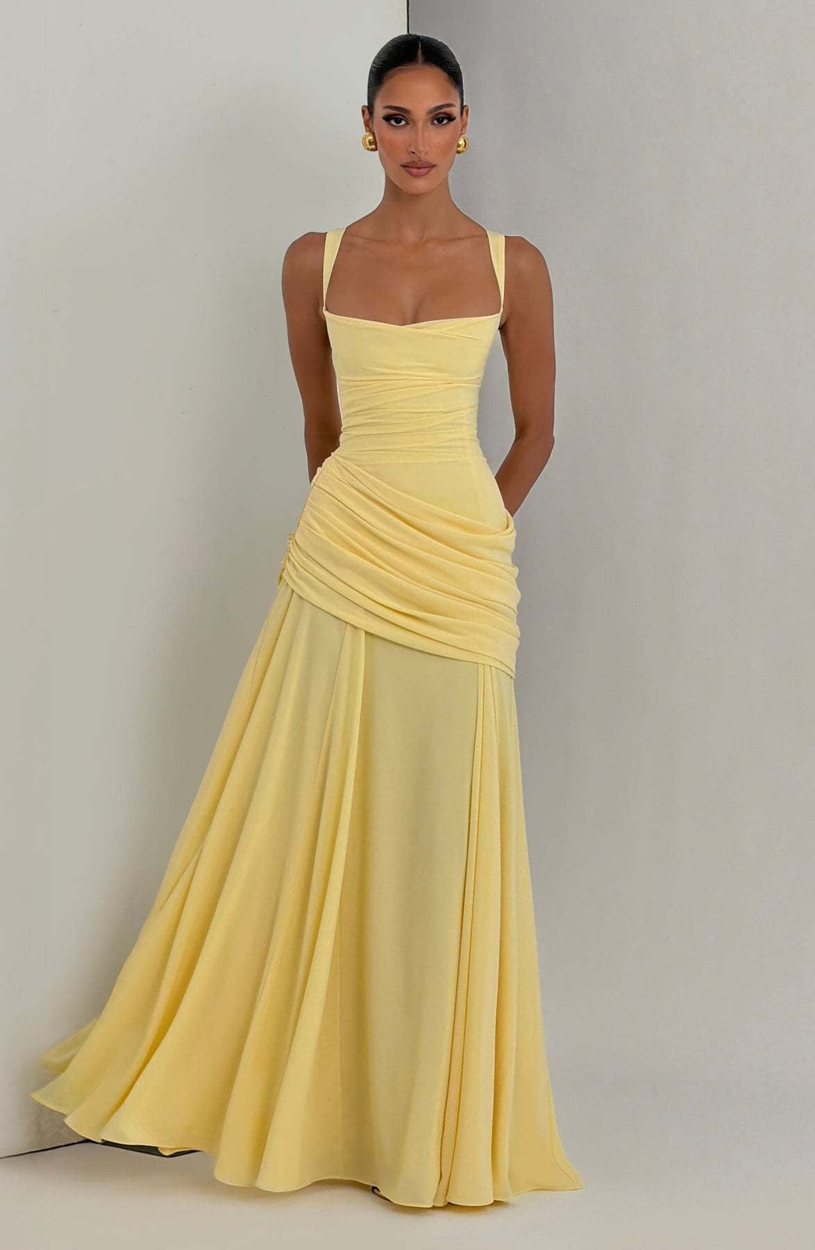 Elegant Square Neck Pleated Maxi Dress