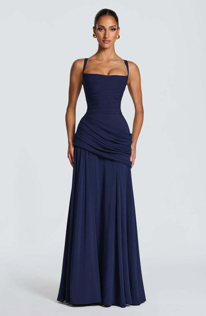 Elegant Square Neck Pleated Maxi Dress