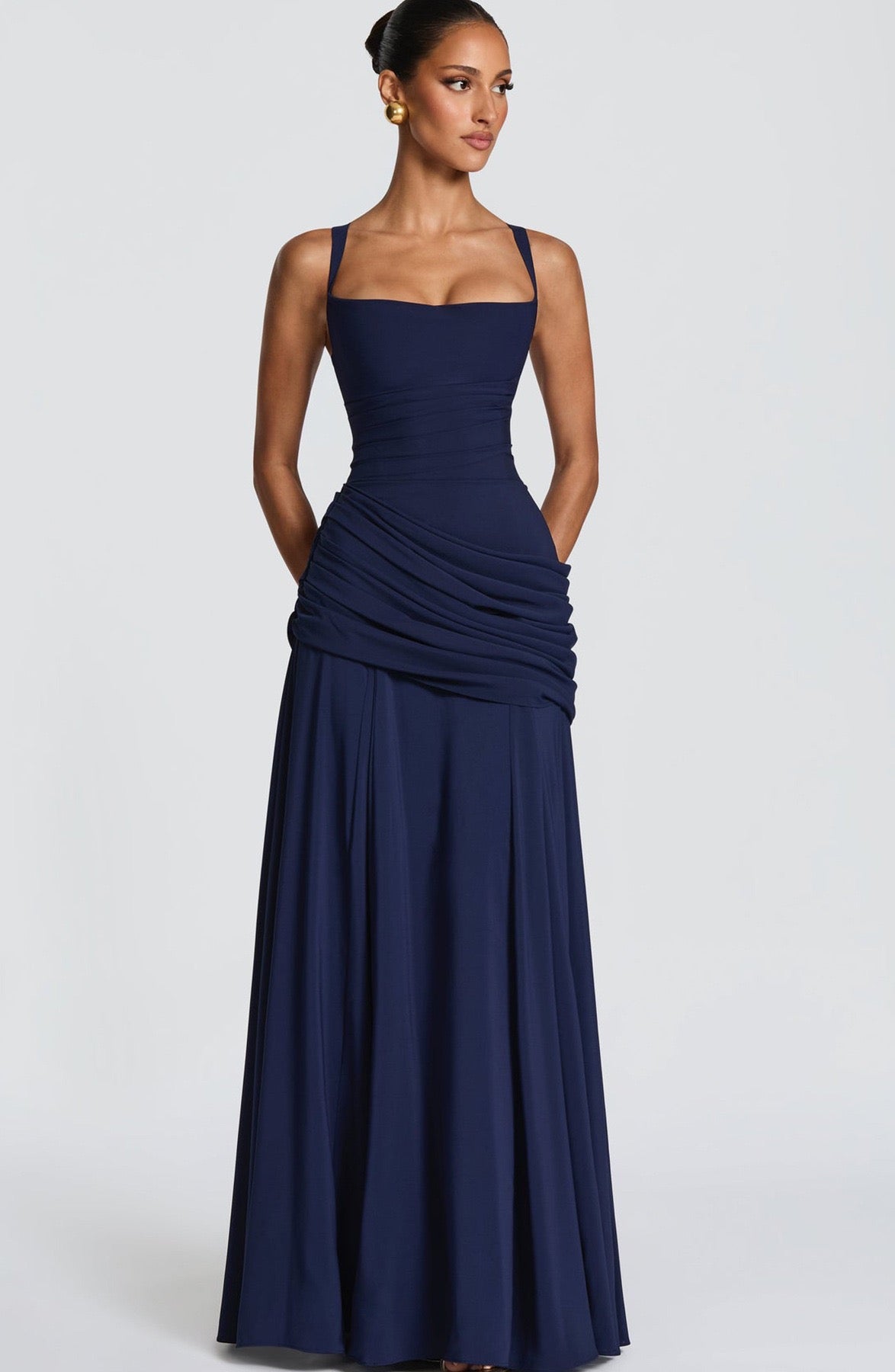 Elegant Square Neck Pleated Maxi Dress