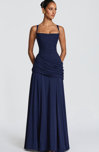 Elegant Square Neck Pleated Maxi Dress