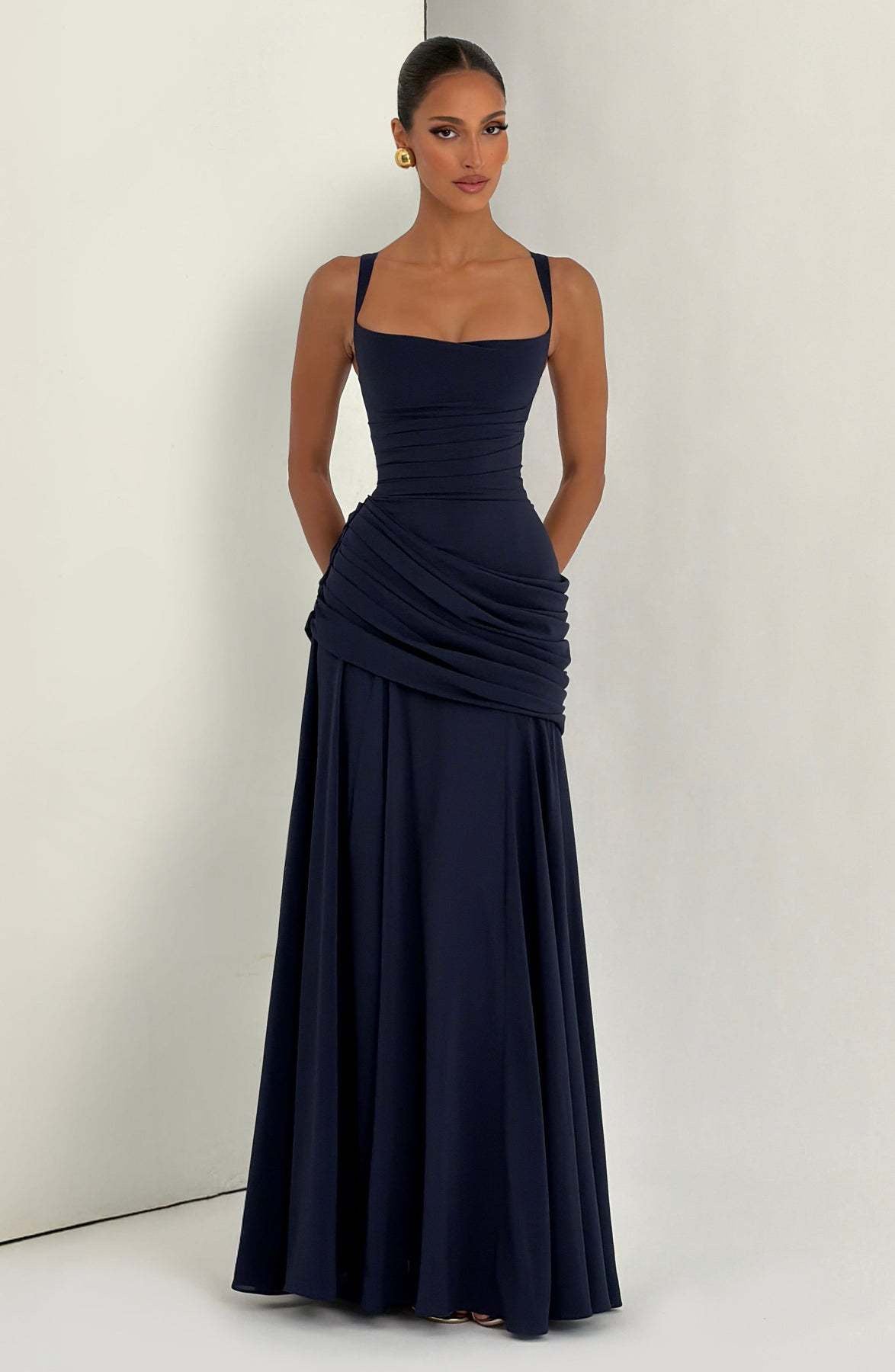 Elegant Square Neck Pleated Maxi Dress
