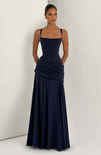 Elegant Square Neck Pleated Maxi Dress
