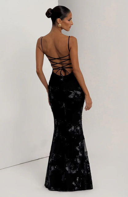 Aura 3D Floral Backless Maxi Dress