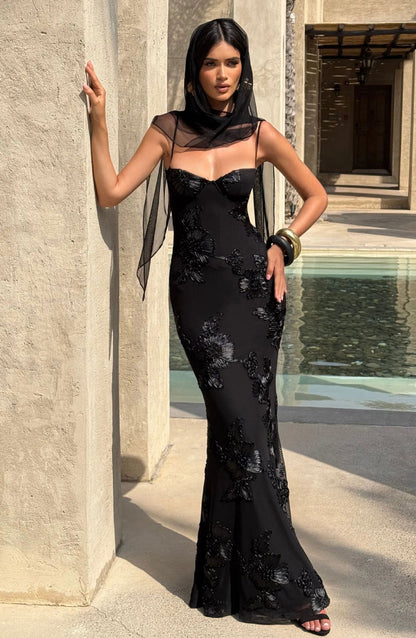 Aura 3D Floral Backless Maxi Dress