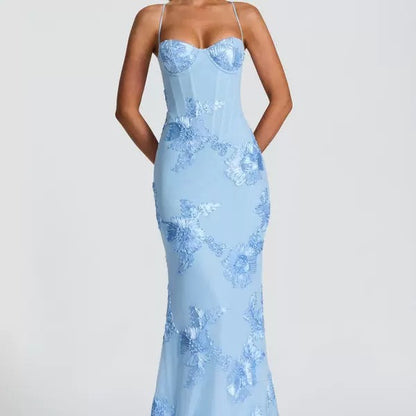 Aura 3D Floral Backless Maxi Dress