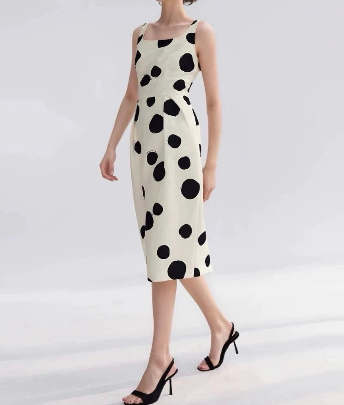 Square Neck Minimal Polka Dot Midi Dress
