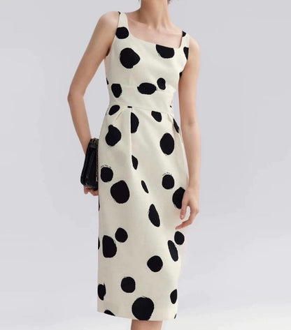 Square Neck Minimal Polka Dot Midi Dress