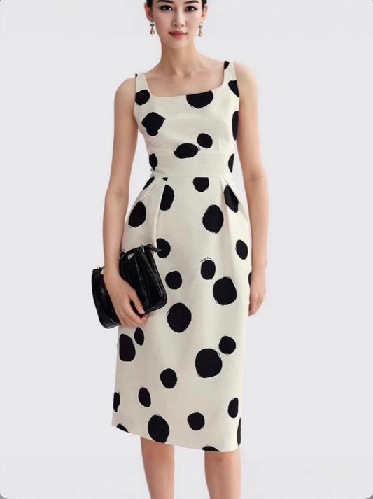 Square Neck Minimal Polka Dot Midi Dress