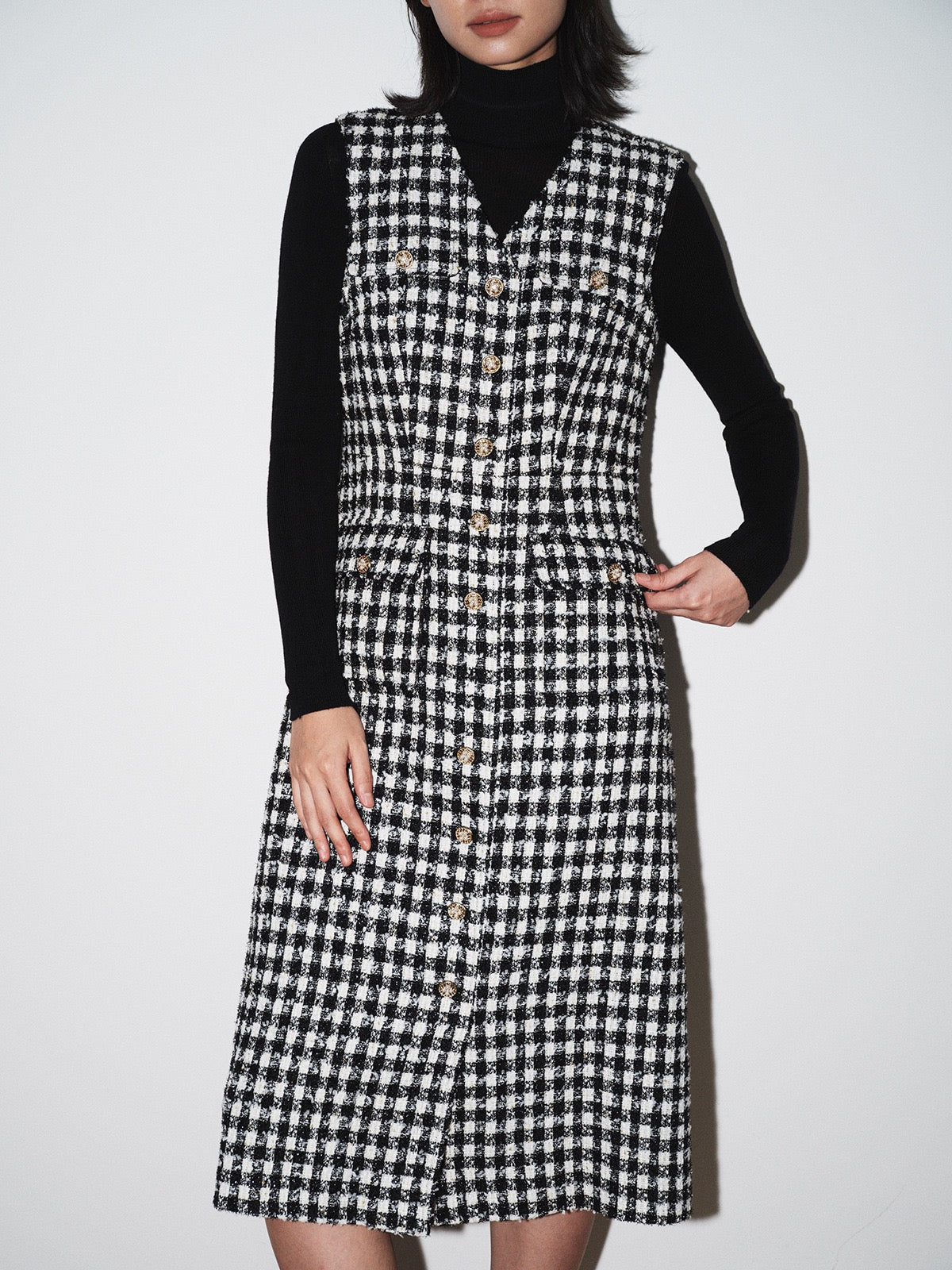 Elara Plaid V-Neck Midi Dress