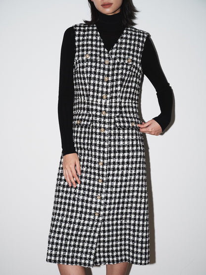 Elara Plaid V-Neck Midi Dress