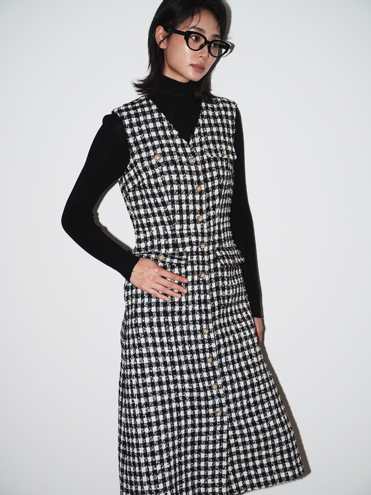 Elara Plaid V-Neck Midi Dress